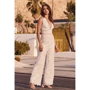 Lulus Amora White Lace Jumpsuit Women's Wide Leg Size Small Party Coctel